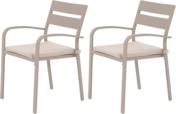 Soleil Jardin Outdoor Aluminum 2-Piece Patio Dining Chairs with Cushions, Stackable Bistro Chairs for Balcony, Garden, Backyard, Flaxen Finish & Beige Cushion