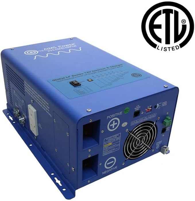 AIMS Power 1500 Watt 12 VDC Pure Sine Inverter Charger 120 VAC Output 50A Charger 30A Transfer Switch ETL Cert to UL458 Standards PICOGLF15W12V120V