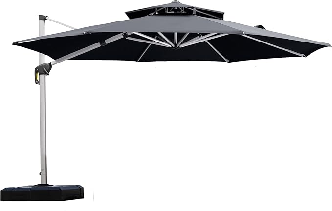 PURPLE LEAF 12 Feet Double Top Round Deluxe Patio Umbrella Offset Hanging Umbrella Outdoor Market Umbrella Garden Umbrella, Grey