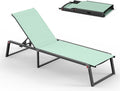 Aluminum Chaise Lounge Chair Outdoor, Foldable & Assembly Free Patio Pool Lounge Chairs 5-Position Recliner for Outside Poolside, Fully Grounded Legs Sun Lounger for Beach, Yard, Light Green