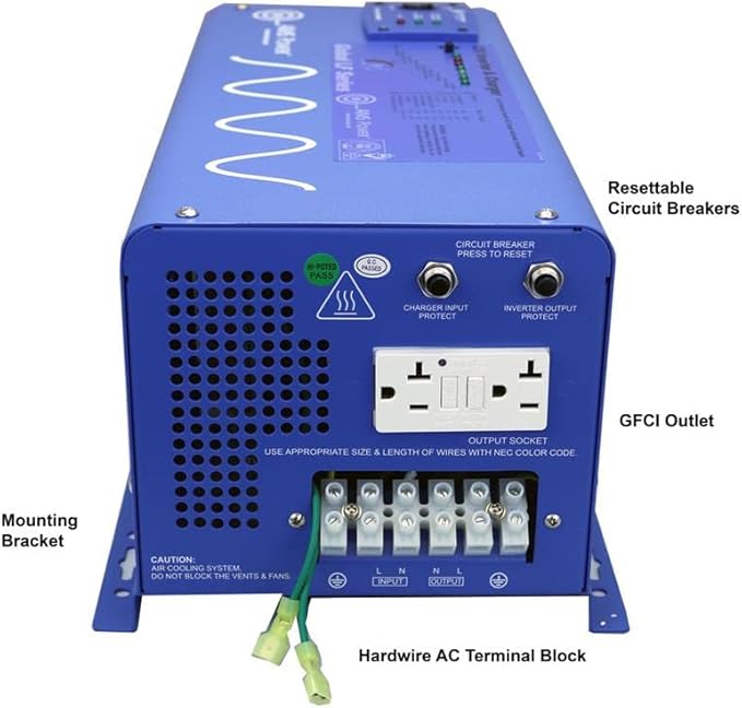 AIMS Power 2000 Watt 48 VDC Pure Sine Inverter Charger 120 VAC Output 25A Charger 30A Transfer Switch PICOGLF20W48V120VR