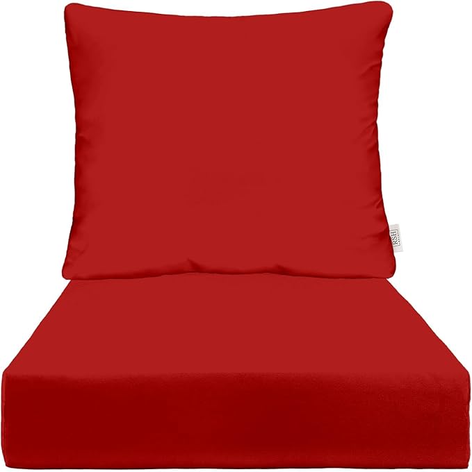 RSH DECOR Deep Seating Cushion with Pillow Back | 24” x 26” x 5" Seat | Water and Fade-Resistant Spun Fabric | Made in USA | Outdoor Chair Cushion Set for Patio Furniture (Red)