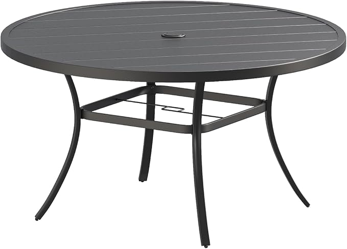 VICLLAX Outdoor Patio Round Dining Table, 53"x 53" Metal Slatted Round Tabletop with Adjustable Umbrella Hole for Deck Lawn Garden Backyard, Black