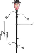 LUJII Solar Shepherds Hooks for Outdoors, Bird Feeder Pole with 4 Adjustable Hangers and 1 Flag Holder, Garden Stand for Hummingbird Feeders, Wind Chimes, Plant Baskets, Lanterns (Purple)