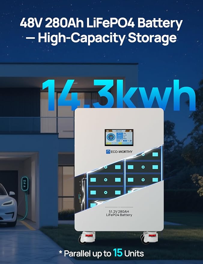 ECO-WORTHY 28.7kWh Home Power Station, 48V 280Ah (2 Pack) LiFePO4 Battery with Communication, 10KW Inverter for Home Backup, Off-Grid, Emergency Solar System