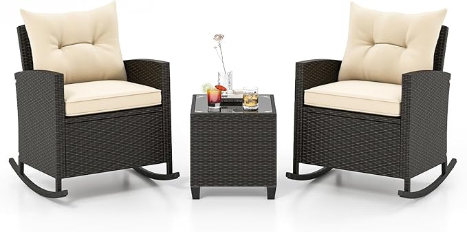 ORALNER 3 Pieces Patio Furniture Set, Outdoor Wicker Rocking Chairs with Soft Cushions, Glass Coffee Table, Rattan Conversation Bistro Set for Front Porch Balcony Garden Deck Poolside (Beige)