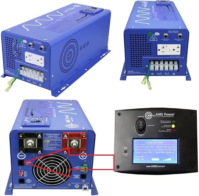 AIMS Power 1000 Watt / 3000 Watt Peak Pure Sine Inverter Charger 12 Volt DC to 120 Volt AC with LCD Remote