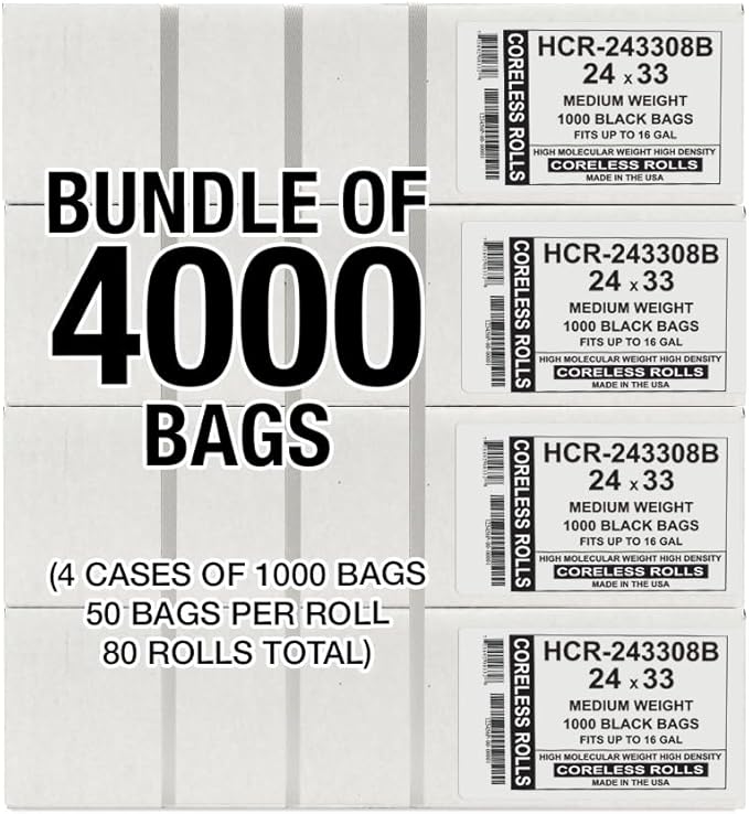 Aluf Plastics High Density Trash Bags, 16 Gallon, 4000 Count, 8 Micron (eq), 24" x 33", Black, for Bathroom, Office, Industrial, Commercial, Janitorial, Municipal, Recycling