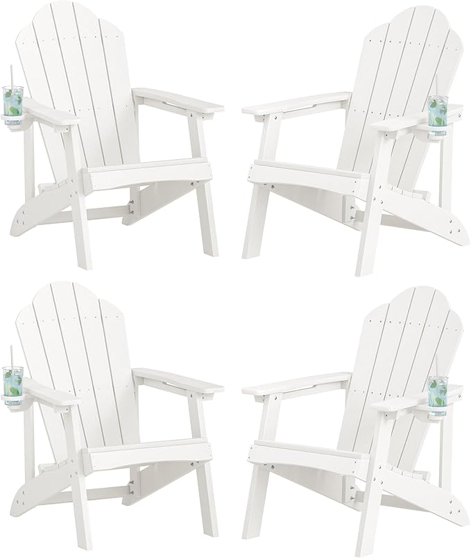 LUE BONA HDPE Adirondack Chairs Set of 4,Plastic Adirondack Chairs with Cup Holder Weather Resistant for Outdoor, Patio, Lawn, Garden, Backyard Deck, Fire Pit, White