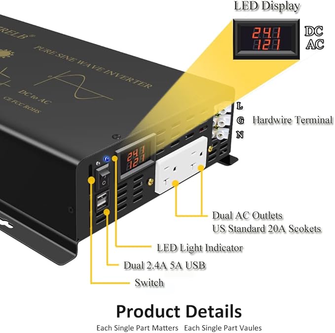 WZRELB 2500W Pure Sine Wave Power Inverter 24VDC to 120VAC 60HZ Dual AC Outlets 2× 2.4A USB Port&Hardwire Terminal Off-Grid Solar Converter RV Trucks Home