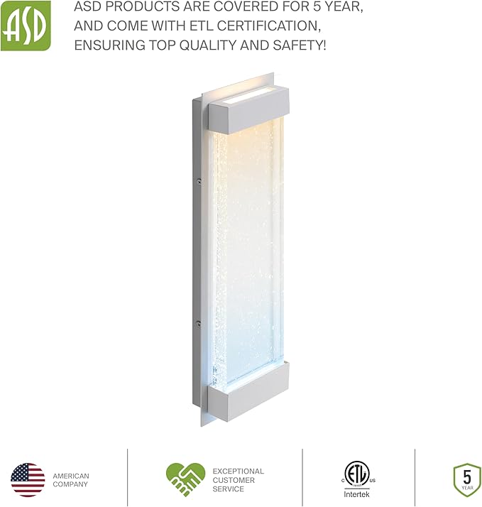 ASD LED 18 Inch Bubble Glass Wall Light Fixture | 22W 520LM 3000-5000K 100-277V | 3CCT, Waterproof, Dimmable, Up-Down Glow, ETL Listed | Exterior Flush Mount Sconce, Outdoor Lighting | White