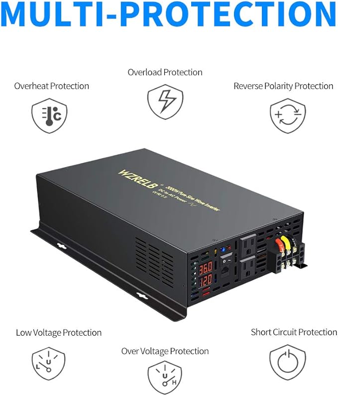 WZRELB 3000W 36VDC 120VAC Pure Sine Wave Power Inverter with 2 AC Outlets Wired Remote Control Car Inverter
