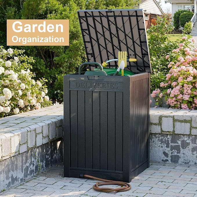 EasyUp Outdoor Package Delivery Box, 48-Gallon Lockable Parcel Drop Box, Large Double-Walled Resin Weatherproof Storage Deck Box for Porch and Patio (Black)