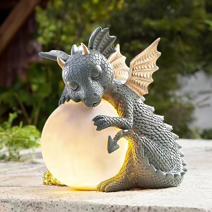 8.6" Solar Dragon Garden Statue, LED Figurine Light, Resin Outdoor Sculpture, Solar Powered Yard Art, Night Garden Light, Solar Landscape Path Light Ornament, Lawn Solar Lighting Figurine Art