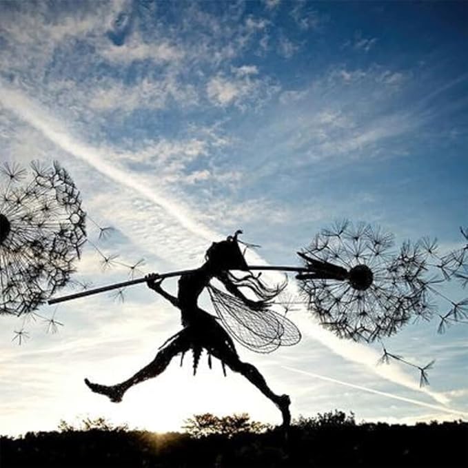 Flower Fairy Dancing with Dandelion Garden Art Sculpture Stainless Steel Statue Christmas Halloween Decoration for Outdoor Yard Courtyard Lawn Patio Metal Ornaments (Long Travel)