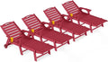 Outdoor Lounge Chair Set of 4, All Weather Patio Chaise Lounge Chair for Outside, HDPE Chair with Rolling Wheels & Cup Holder, 5 Position, Deck, Pool, Red
