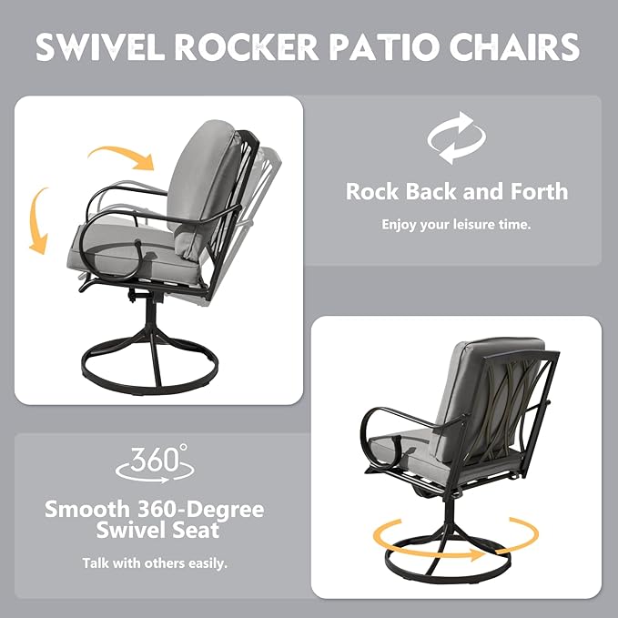 MELLCOM Patio Swivel Chair Set of 2, Heavy Duty Outdoor Dining Chairs with Thickened Cushions, Metal Patio Chairs Gentle Rocker for Outside, Garden Lawn & Porch, Backyard, Grey