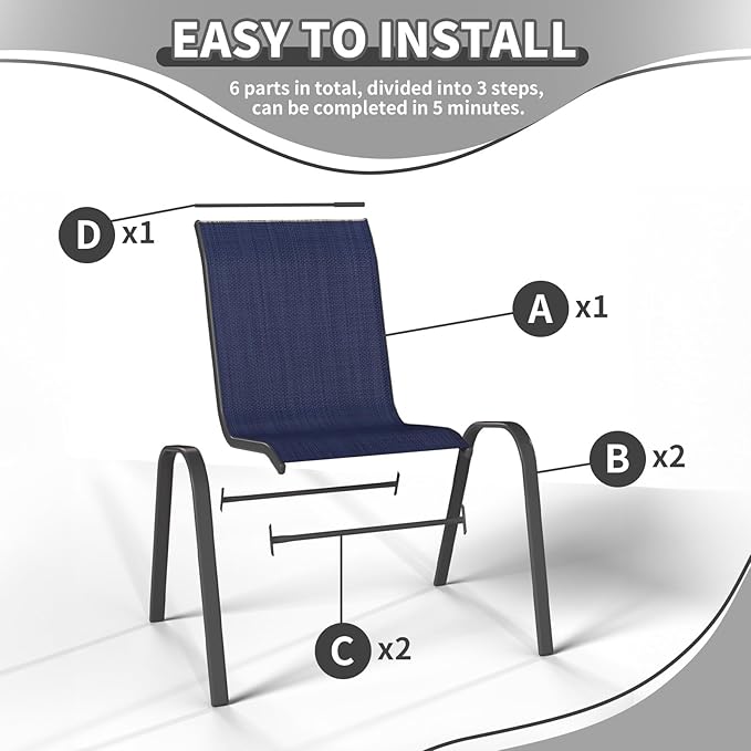 Patio Dining Chairs Set of 2, Stackable Dining Chairs High Back, Breathable Seat Fabric and Alloy Steel Frame Fit Backyard, Porch, Lawn，Poolside (Blue)