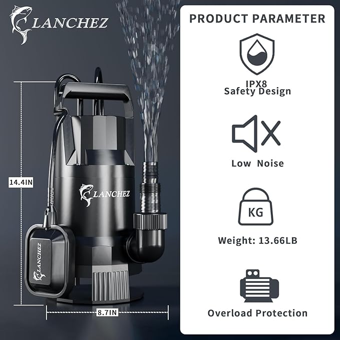 LANCHEZ 1.6HP Sump Pump, 4858GPH Automatic Submersible Water Pump with Float Switch, Electric Transfer Water Pump for Swimming Pool Basement Flooded Pit Sewage Sink Tub