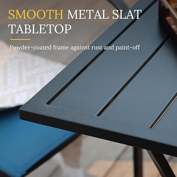 VICLLAX 3 Pieces Patio Dining Set Includes 28" Square Small Outdoor Table and 2 Patio Swivel Chairs for Lawn Garden, Black Tabletop and Blue Fabric
