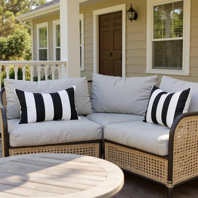 RSH DECOR: Sunbrella Pillow Covers Set of 2 | Covers Only - 20" x 12" | Outdoor Lumbar Pillow Covers Crafted with Sunbrella Performance Fabric | Cabana Classic Black Stripe