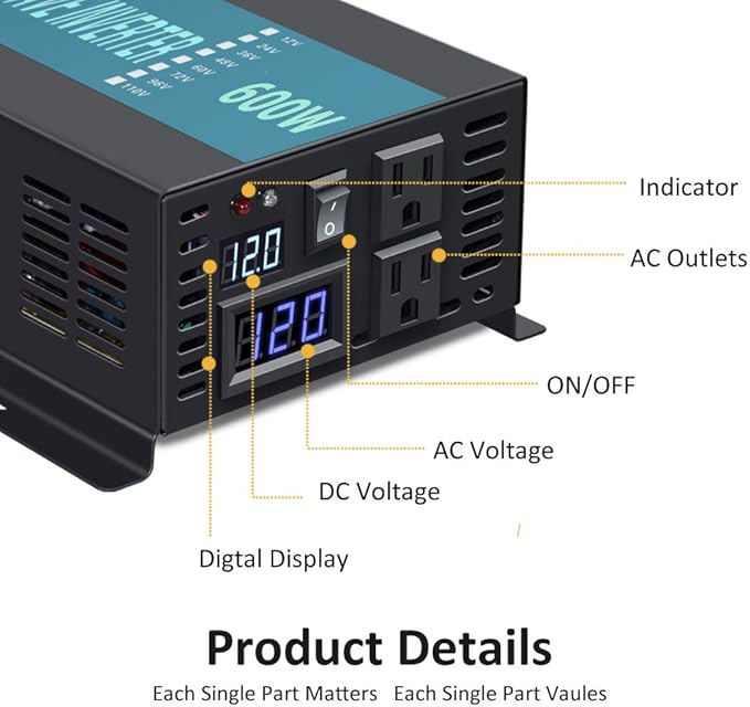 WZRELB Pure Sine Wave Inverter 600Watt 12V DC to 120V AC Power Converter 1200W Surge