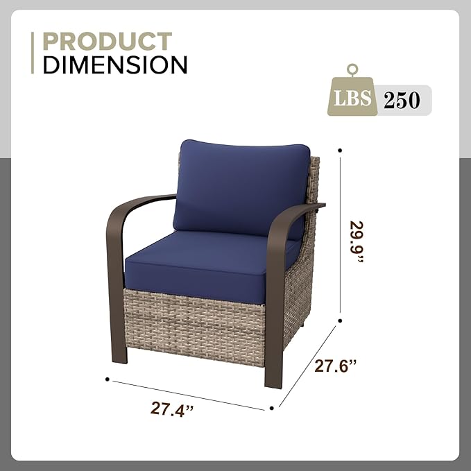 COOS BAY Aurora Terrace Outdoor Chairs with Cushions, Wicker Dining Set with Deep 4-Inch Seating, Modern Curved Armrest Porch Chairs, Set of 1, Beige/Blue