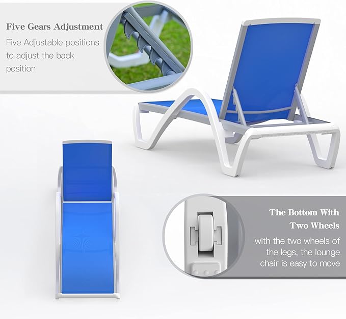 Domi Patio Chaise Lounge Chair Set of 3,Outdoor Aluminum Polypropylene Sunbathing Chair with Adjustable Backrest,Arm,Side Table,for Beach,Yard,Balcony,Poolside(2 Blue Chairs W/Table)