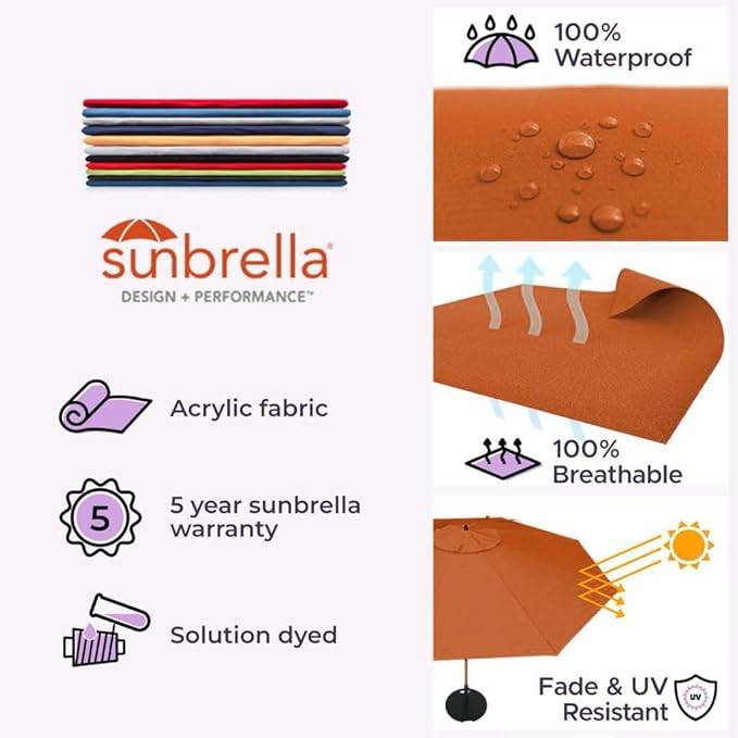 Midtown Umbrellas The Swilt 9 Feet Patio Umbrella in Sunbrella Terracotta Acrylic Fabric - Fiberglass Ribs, Auto-Tilt Aluminum Frame For Backyard, Deck, Garden, Pool - White Pole