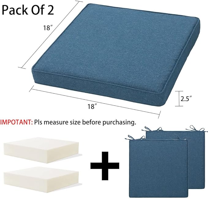Magpie Fabrics Indoor Outdoor Waterproof Square Chair Cushion, 18" x 18" x 2.5", 2 Pack, Water Resistant Seat Cushions, for Patio Garden Office, Dark Blue