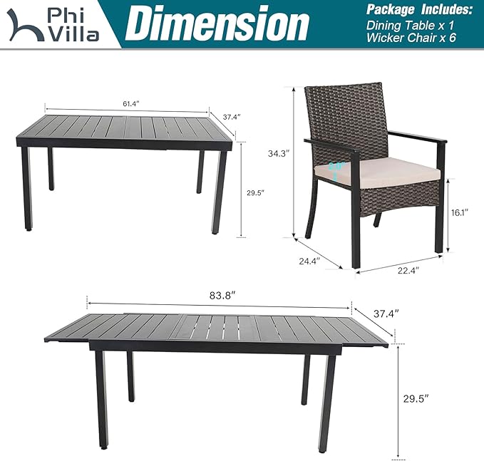 PHI VILLA 7 Piece Outdoor Dining Set for 6, Expandable Metal Dining Table & 6 Cushioned Rattan Chairs for Patio, Deck, Yard