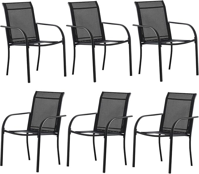 Patio Chairs Set of 6, Outdoor Dining Chairs with Breathable Textilene Fabric, Stackable Patio Chairs for Lawn, Garden, Backyard, Poolside, Black