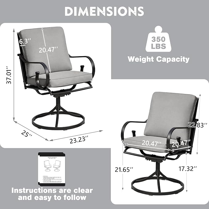 MELLCOM Patio Swivel Chair Set of 2, Heavy Duty Outdoor Dining Chairs with Thickened Cushions, Metal Patio Chairs Gentle Rocker for Outside, Garden Lawn & Porch, Backyard, Grey