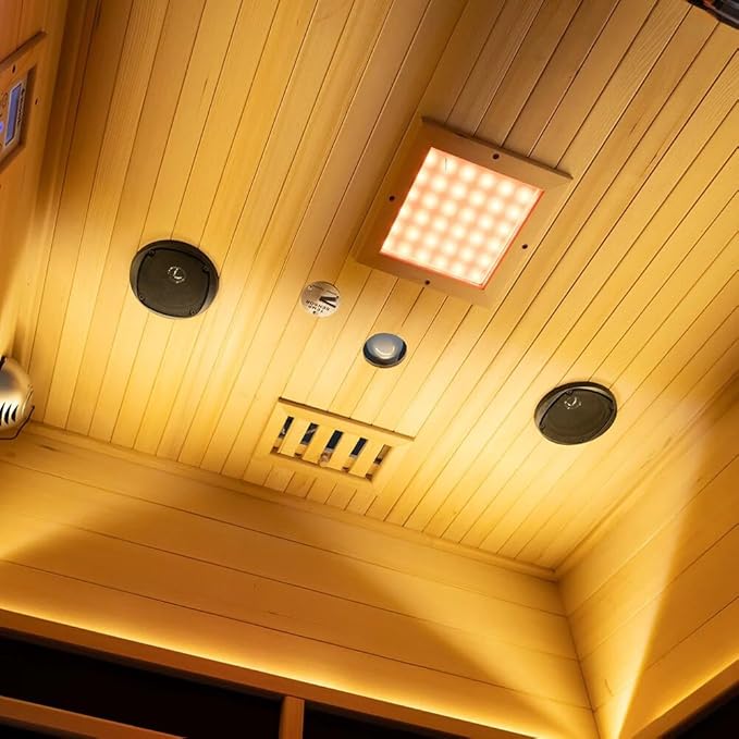 Low EMF Far Infrared Sauna for 3 Person, Canadian Hemlock Wood Sauna Room with Tempered Glass Door, WiFi Control, 220V, 12 Infrared Heaters, 2850W, Reading & 7-Color Starry Light, Oxygen Bar, Speaker