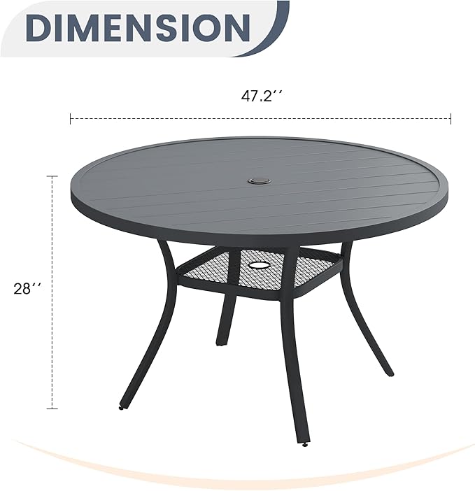 VICLLAX Round Patio Dining Table, 4-6 Person Metal Outdoor Dining Table with Umbrella Hole for Garden Lawn Deck, 47.2" Dark Grey