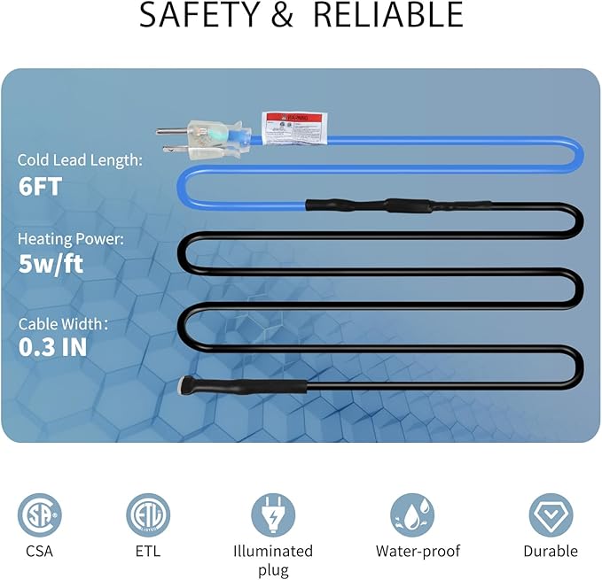 60ft Roof Deicing Cable, 5w/ft Constant Wattage, CSA ETL Certified, Prevents Ice Dams on Metal or Plastic Gutters/Downspouts, 120V