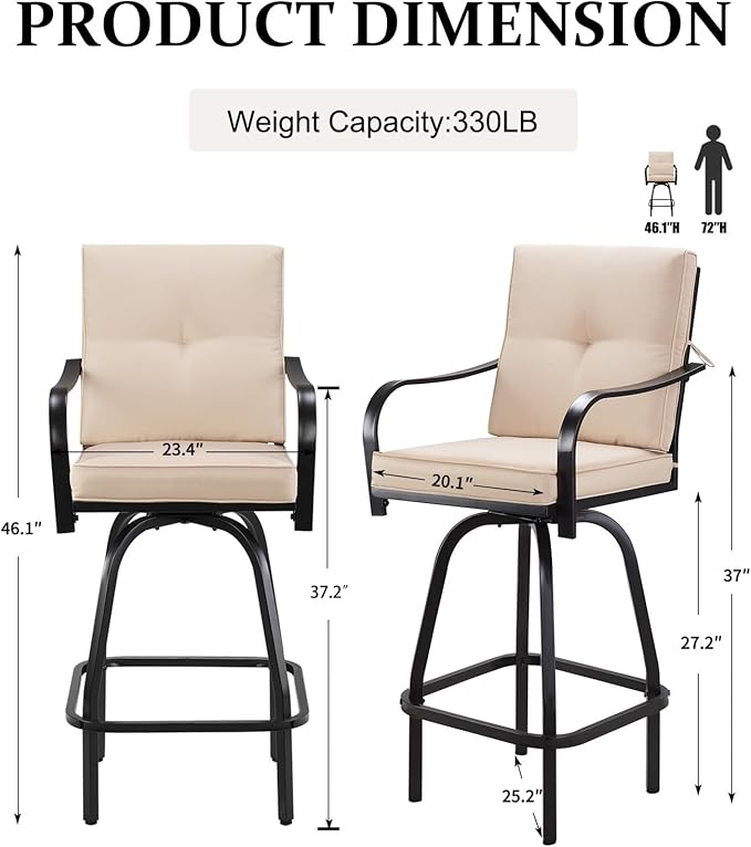 Patio Swivel Bar Stools, Outdoor High Back Swivel Bar Stool Chair Set of 2 with Cushion & All Weather Steel Frame, Beige
