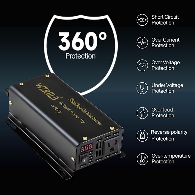WZRELB 300W Pure Sine Wave Power Inverter 600W Peak DC 36V to 110V AC Car Adapter Off Grid with LED Display