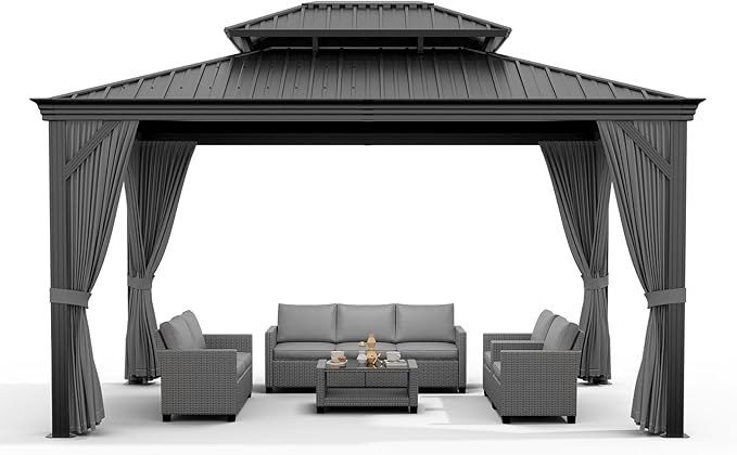 Outdoor Hardtop Gazebos 12 x 12 ft Permanent with High Strength Aluminum Frame, Double-Roof, Pavilion with Curtain and Netting for Patio, Lawn, Deck, Garden (Darkgrey, 12x12 ft)