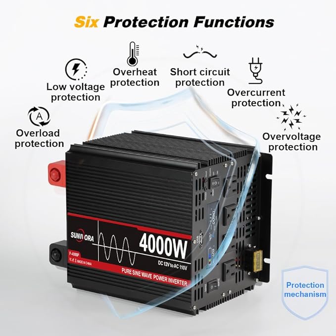 4000 Watt Pure Sine Wave Power Inverter with LCD 12V DC to 110V/120V AC Peak Power 8000W Car Power Inverter with 4 AC Outlets & 1 USB Port & Remote Control for Truck RV Car Solar System