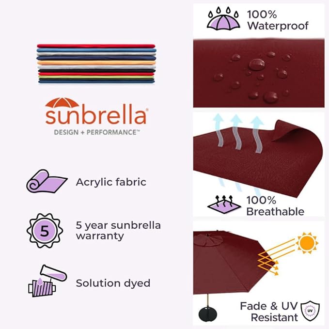 Midtown Umbrellas The Swilt 9 Feet Patio Umbrella in Sunbrella Burgundy Acrylic Fabric - Fiberglass Ribs, Auto-Tilt Aluminum Frame For Backyard, Deck, Garden, Pool - White Pole