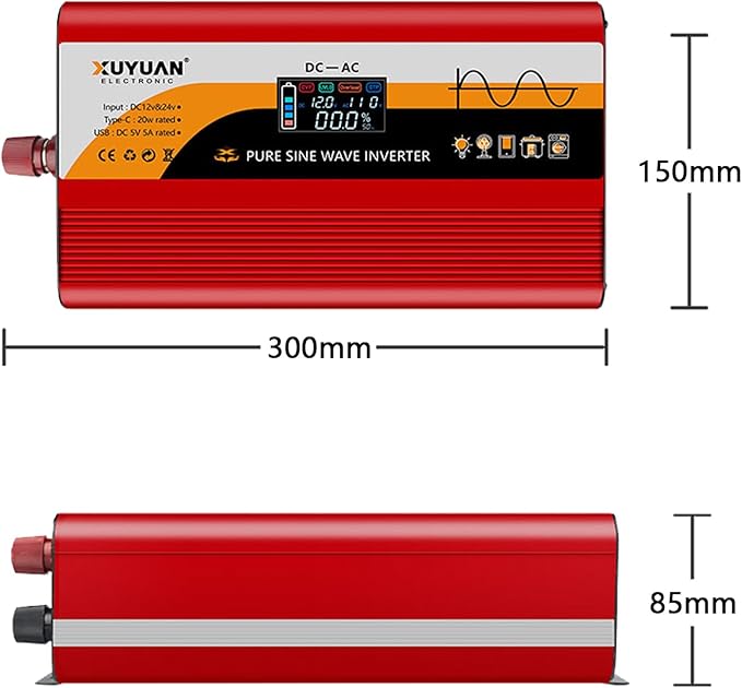 1500W Pure Sine Wave Inverter (3000W Peak), 12V/24V Auto-Detect, 50Hz/60Hz Switchable, LCD Display, Type-C Fast Charging, Silent Design, Overload & Overheat Protection for RV, Home (RED-1500W)
