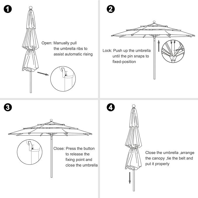EliteShade USA 10-Year-Non-Fading 11Ft 3 Tiers Market Umbrella Patio Outdoor Cylinder Auto Push-up Table Umbrella with Ventilation, Black