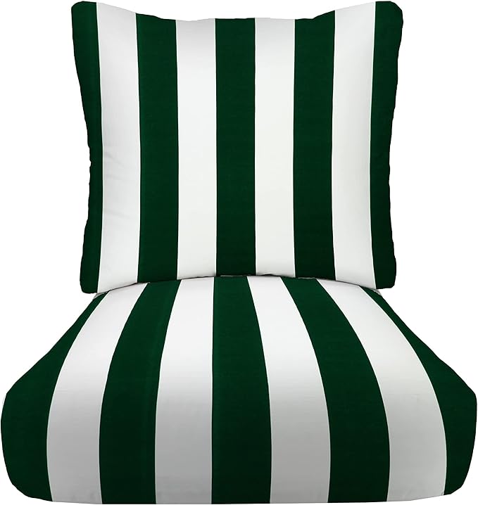 RSH DECOR Deep Seating Cushion with Pillow Back | 24” x 23” x 4" Seat | Water and Fade-Resistant Spun Fabric | Made in USA | Outdoor Chair Cushion Set for Patio (Hunter Green & White Stripe)