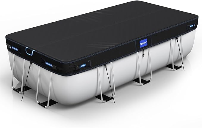 7x10 Ft Rectangular Pool Cover with Reflective Strips for Above Ground Pool, 420D Swimming Pool Cover for Rectangular or Oval Frame Pools, Solar Cover with Drawstring and Ground Nails