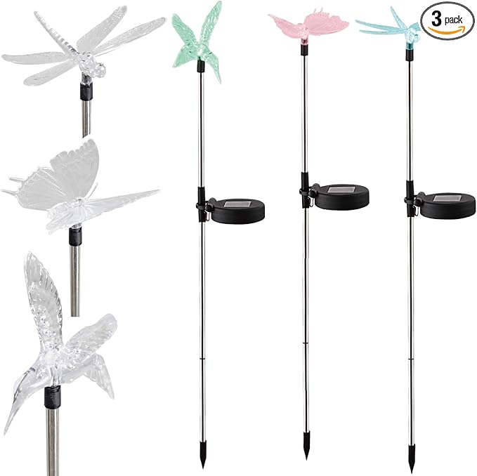 Outdoor Solar Powered LED Garden Light Landscape Lighting Waterproof Multicolor Color Changing Stake Light for Patio Yard Pathway Flowerbed Lawn Christmas Decorations Butterfly Dragonfly Hummingbird