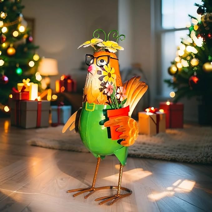 Natelf Metal Chicken Statue for Outdoor Home Decor Cute Rooster Hen Garden Sculpture with Vintage Glasses, Weather-Resistant Farmhouse Art for Yard, Patio, Coop, or Housewarming Gift for Mom, Friends