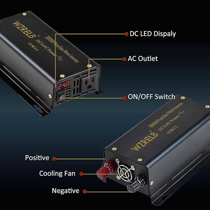 WZRELB 300W Pure Sine Wave Power Inverter 600W Peak DC 24V to 110V AC Car Adapter Off Grid with LED Display