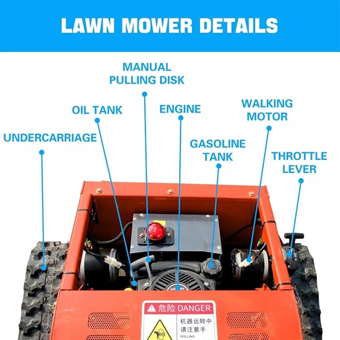 Gasoline Powered Remote Control Lawn Mowerwith Snow Plow, 9HP Crawler Mower with 600m Range for Steep Hills and Orchards (Orange)