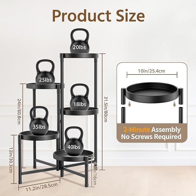 LASZOLA 5 Tiered Folding Plant Stand Indoor for Multiple Large Planter, Tall Heavy Duty Adjustable Rack with Rust Proof 10 Inch Wide Tray, Sturdy Vertical Tree Organizer for Narrow Inside Floor, Black